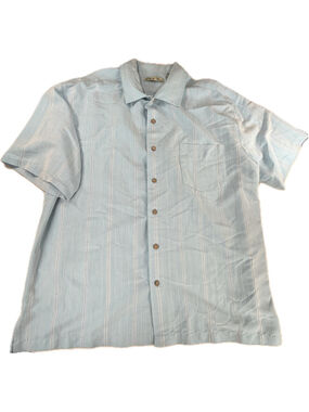 Batik Bay Men XL Light Blue Stripe Button Up Shirt Short Sleeve Rayon Blend